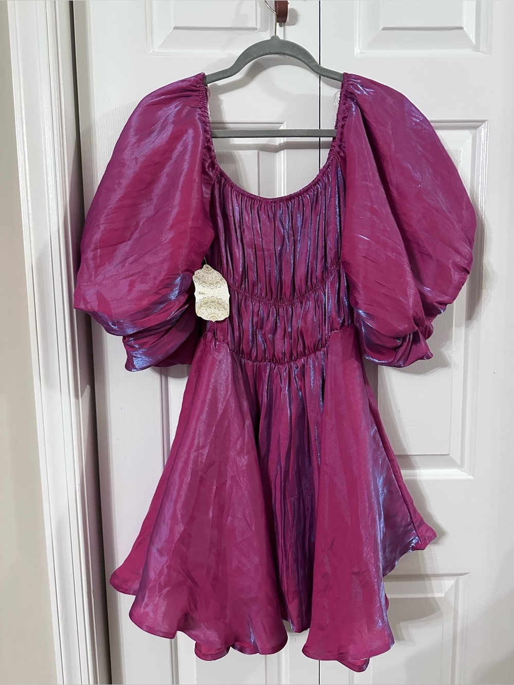 Altar'd State Shimmery Fuchsia Mini Dress with Puff Sleeves - Picture 5 of 5